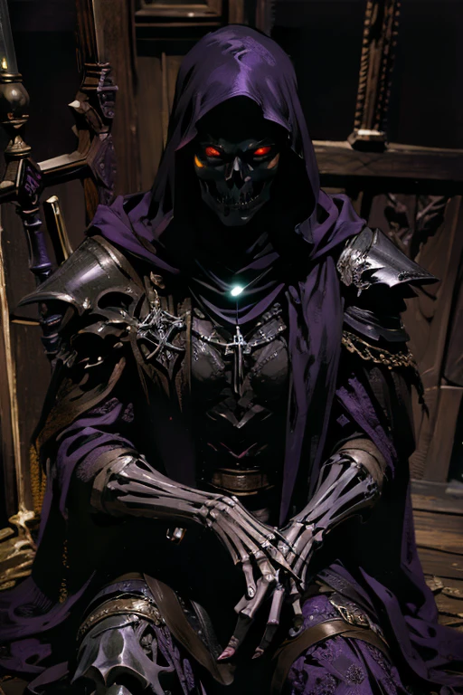 ((hyper-realistic illustration:1.4)),(dark fantasy:1.3), ((male)). ((Hooded))(black skeleton:1.2)((shadow:1.1)) (wraith), wearing (black battle armor), ((glowing purple eyes:1.4)), Celtic cross pendant, accompanied by his raven companion. (agent of divine vengeance).Masterpiece, (highly detailed:1.2),(detailed face and eyes:1.2), 8k wallpaper, natural lighting. core shadows, high contrast, bokeh.