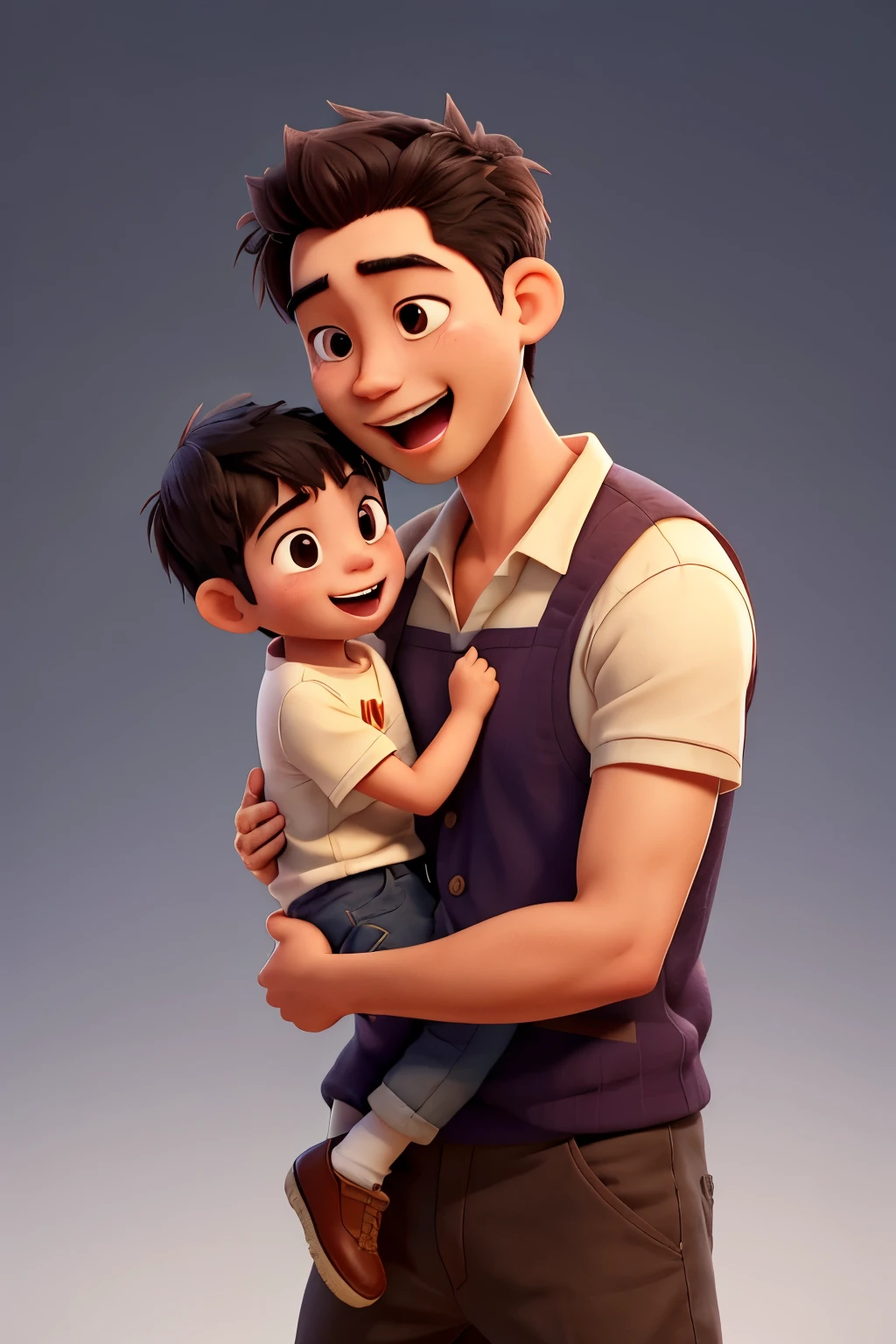 opened mouth, asian young father embrace his son, love between father and son, simple background, happy, detailed eyes, best quality, masterpiece