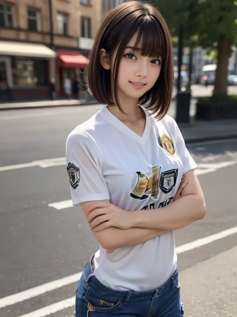 (8k, RAW Photos, highest quality, masterpiece:1.2), (Realistic, photo-Realistic:1.4), (Highly detailed 8k wallpaper), ((Full Body Shot)), ((1 girl)), Sharp focus, Depth of written boundary, Cinematic lighting, Soft Light, 緻密な美しさのeye, eye_Chan, Very beautiful 17 year old girl, innocent big eyes, Realistic, photo Realistic, Highly detailed cute girl, (Thin thighs), (Model Body Type), 18-year-old, (((manchester united soccer jersey))), ((Cargo long pants)), (((Fold your arms in front of your chest and act arrogantly))), ((A happy smile)), Parted lips, Watching the audience, (On the streets of Britain) , (Brown Hair),(Short Bob Hair), (Asymmetrical bangs)