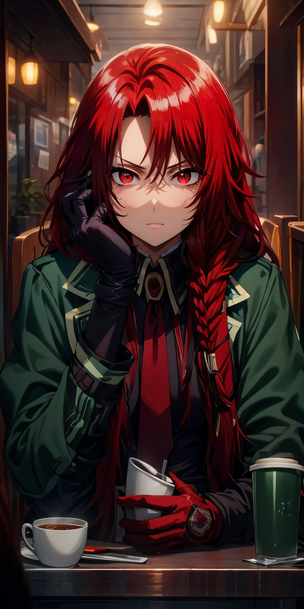 anatomically correct, best quality, masterpiece, high quality, high details, highres, HD, (shaded face:1.2), hollow eyes, red eyes, looking at viewer, heavy breathing, smirk, upper teeth, iris, red hair, long hair, braid, see-through leotard, elbow gloves, head rest, table, cup, head rest, gloves, necktie, bokeh, spotlight, 
