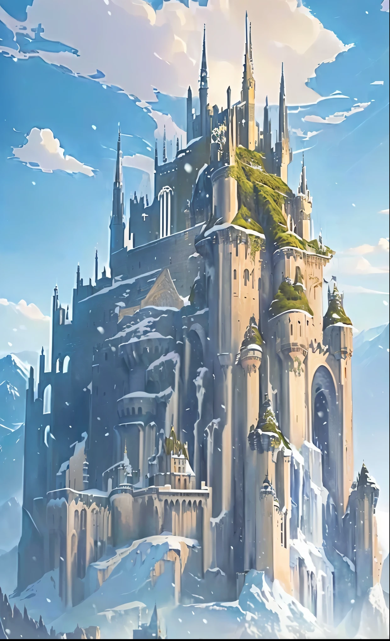 There is a castle in the middle of the snowy mountains,Dream Castle, Realism 0.5,Epic castle with tall spire, Fantasy Architecture, Feiyun Castle, Silvaan Sarayi, Abandoned Sky Castle, Dream Castle, Huge castle, futuristic castle, Fantasy Art Behance, Andreas Rocha style, Castle Background, High fantasy illustration, Gemasa Elf Palace
