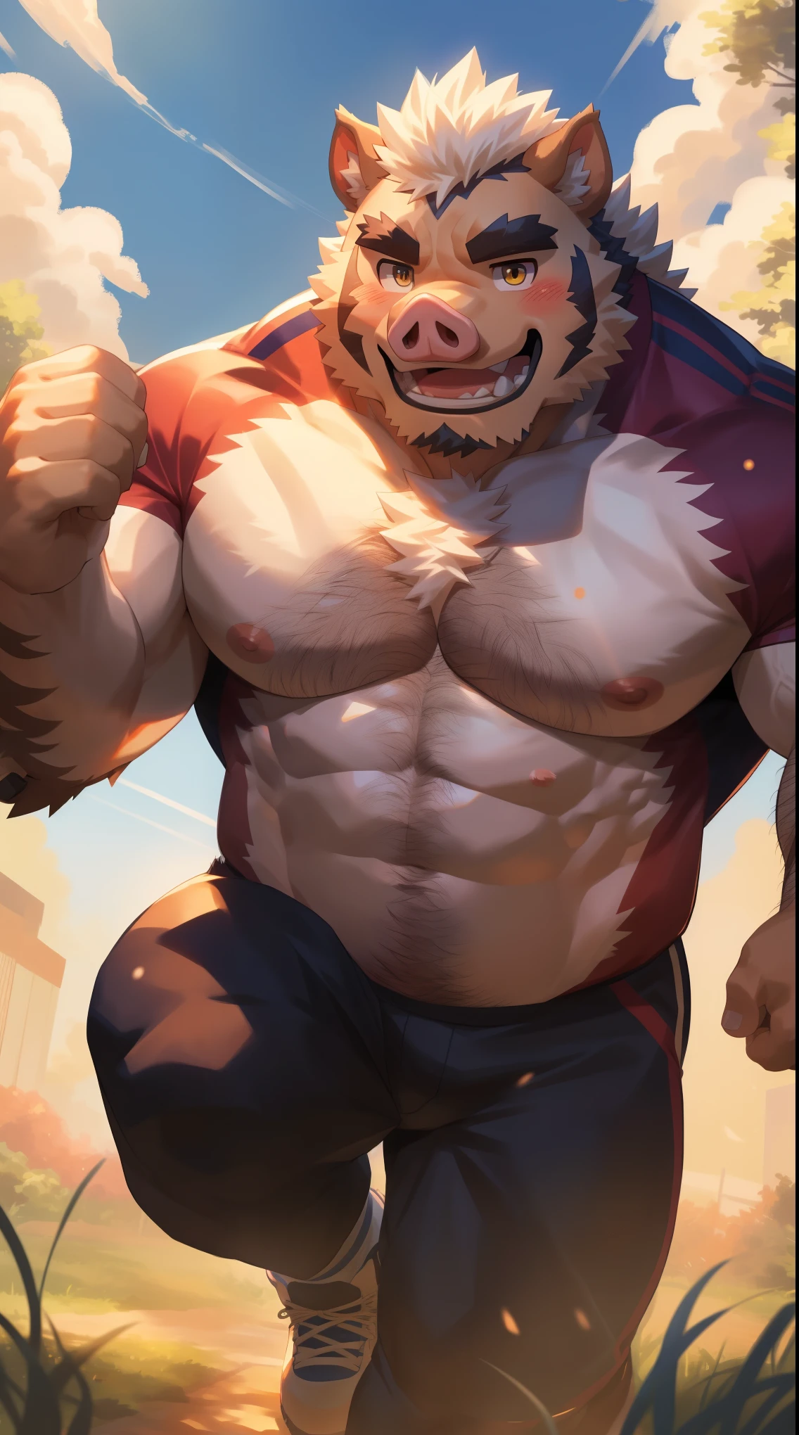 Super muscular boar beastman,(wear a sports uniform),Blindfold,Mouth wide open with tongue sticking out,Some guys cum in my face,(Surrounded by red and black erect penises),(a large amount of semen on the face and body,:1.5),Night Classroom,Kneeling,Licking a huge penis,Anal Sex