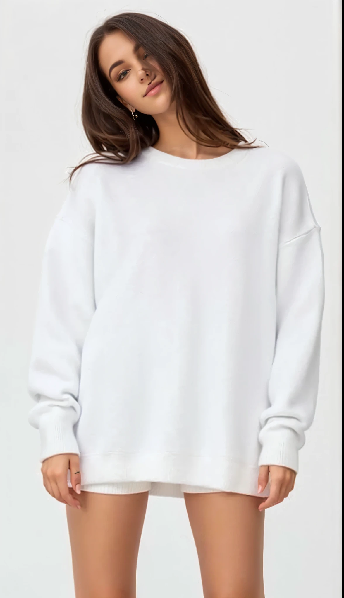 uma mulher com um vestido de moletom branco e botas pretas, White Sweater, wearing a White Sweater, roupa branca casual, roupas brancas, roupas brancas da moda, Roupas brancas, jumper de nuvem, vestindo moletom, contorno branco, roupas russas brancas, trendy roupas brancas, roupas realistas, mangas bufantes, trend in r/moda urbana, Roupa casual, roupas brancas e pretas, roupa branca inchada