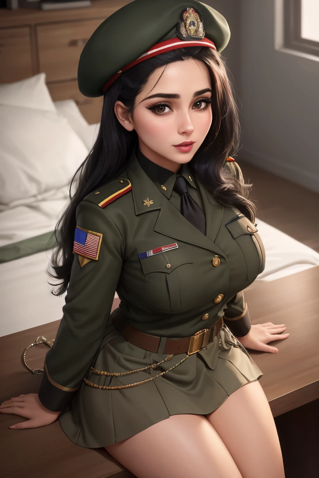 woman(upper body:1.2 1girl, masterpiece, best quality, ultra-detailed, illustration, finely detailed eyes and detailed face) Clothes: military outfit, medal of honor, badges, special force general, Appearance: black hair in a , natural makeup, (purple eyes:1.05), wide hips, massive breasts, alluring, motherly, looking at viewer, curvy, voluptuous, full body, (mature female, milf:1.1), solo, (curvy:1.1), big ass, thick thighs, milf, military office background, sitting down, legs crossed