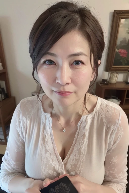 55 year old mature japanese woman, beautiful mature woman, Long eyelashes, Nice body, smile, Super Short Hair, Silk Panties, Sex Appeal, Pearl Necklace, (highest quality,4K,8k,High resolution,masterpiece:1.2),Super detailed,(Realistic,photoRealistic,photo-Realistic:1.37),Intricate details, High Contrast, Cinema Lighting, Warm tones, 8k, Super detailed, photoRealistic, Detailed face, Beautiful Eyes, Sensual, elegant, mature, erotic
