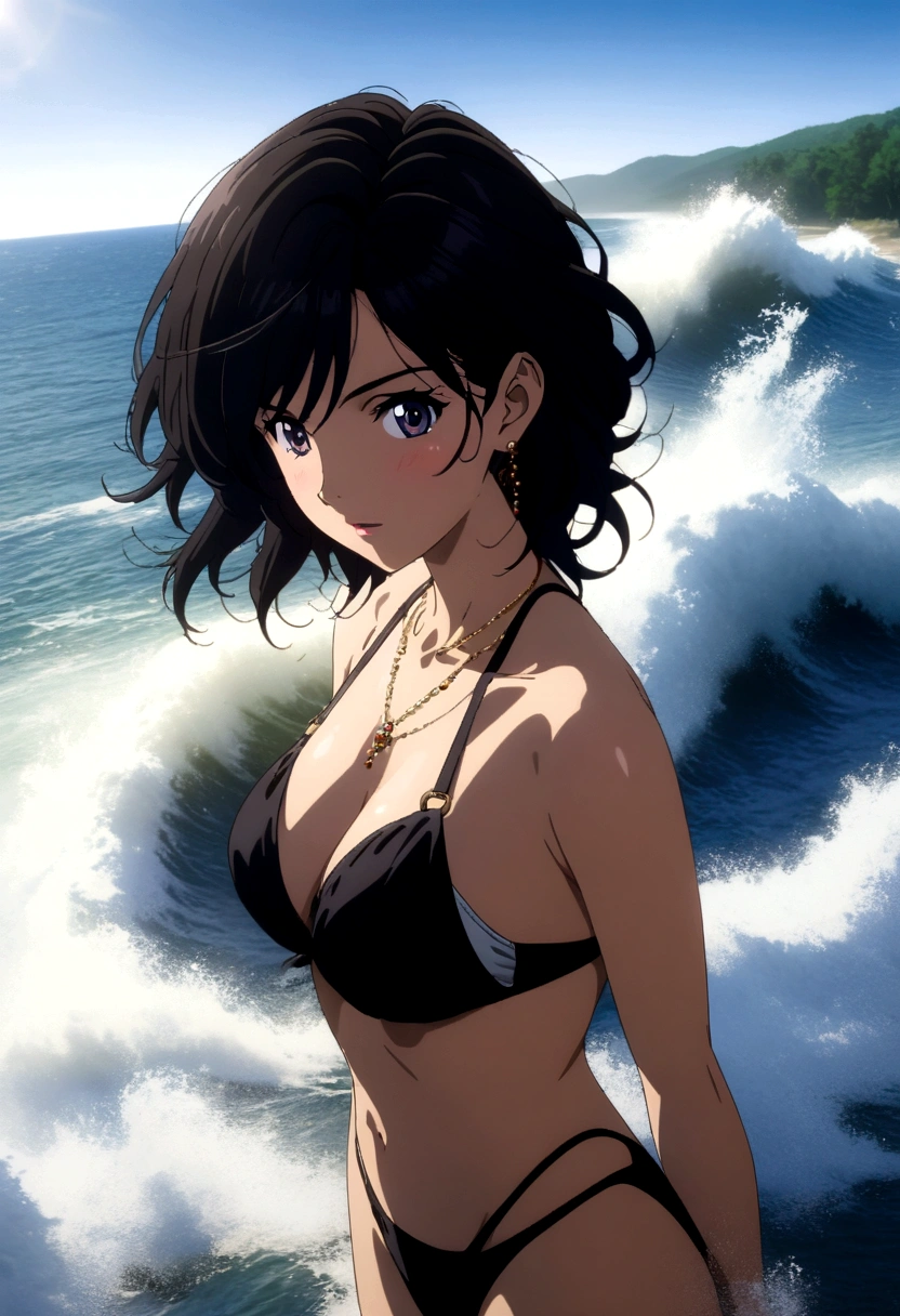 A beautiful and elegant female with long black hair, wearing a stylish bikini, standing on a sunny beach with waves crashing in the background, in the style of Tsukasa Hojo's anime art, highly detailed, anime art,