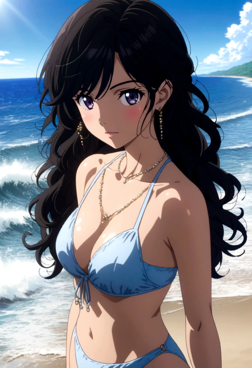 A beautiful and elegant female with long black hair, wearing a stylish bikini, standing on a sunny beach with waves crashing in the background, in the style of Tsukasa Hojo's anime art, highly detailed, anime art, 
