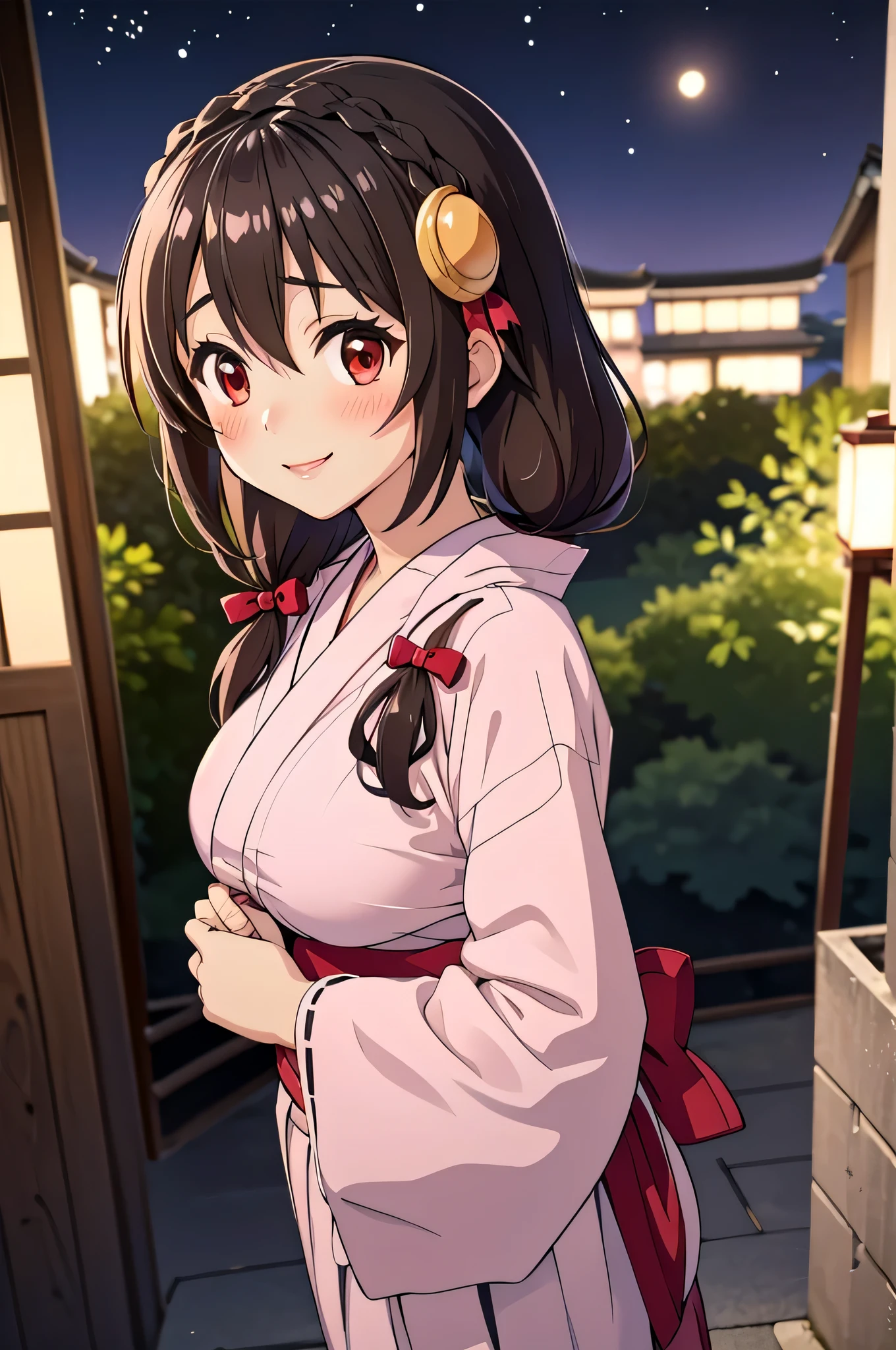 (masterpiece, highest quality), One girl, Yunyun,Long Hair,Braiding,Twin tails,Hair between the eyes,Hair Ribbon,hair ornaments,Big Breasts,(Japan pink yukata:1.2),Red Eyes、(The best smile)、(blush:1.2)、Starry Sky、color々From an angle、Look Back