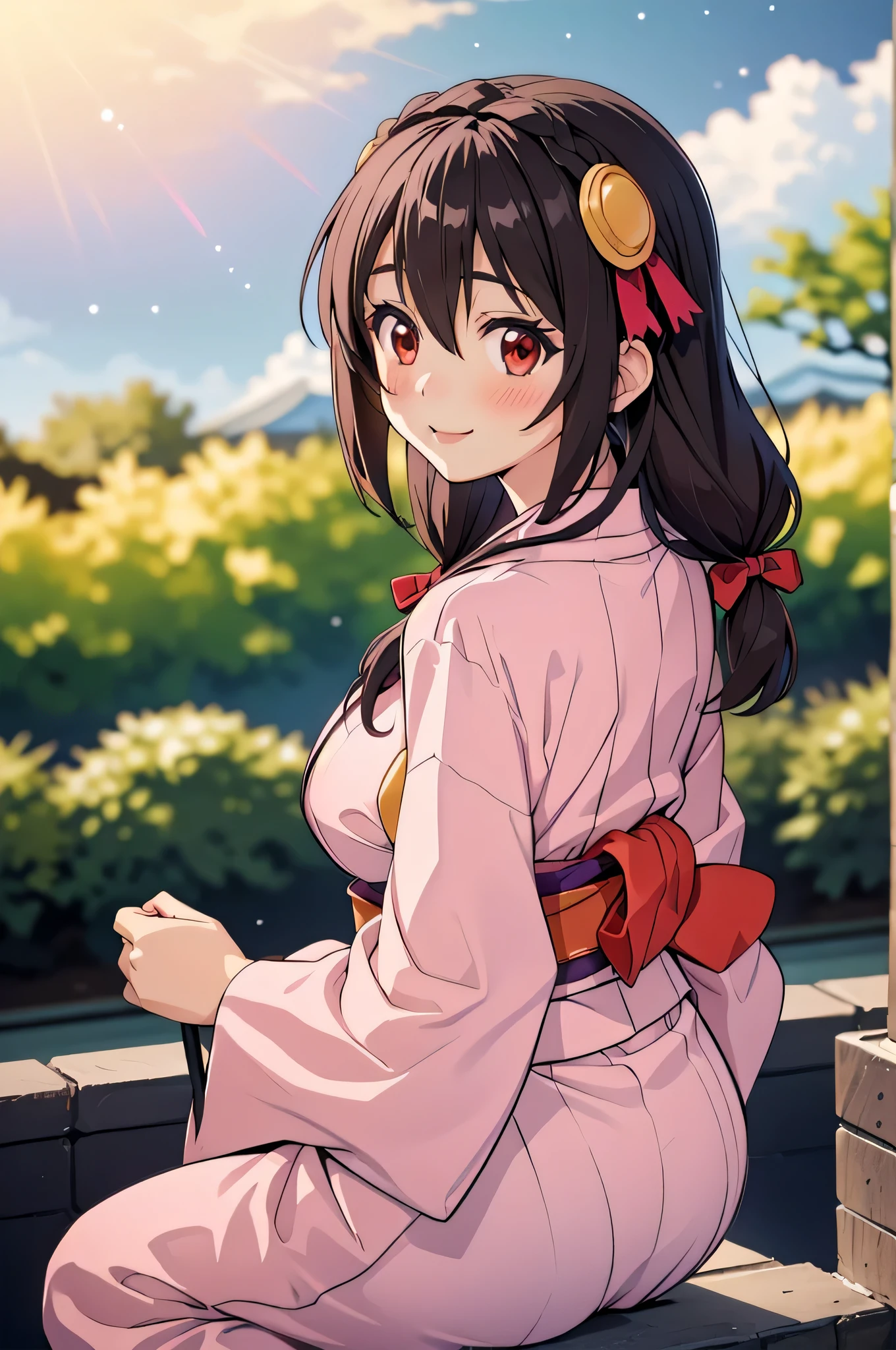 (masterpiece, highest quality), One girl,    Yunyun,Long Hair,Braiding,Twin tails,Hair between the eyes,Hair Ribbon,hair ornaments,Big Breasts,(Japan pink yukata:1.2),Red Eyes、(The best smile)、(blush:1.2)、Starry Sky、color々From an angle、Look Back