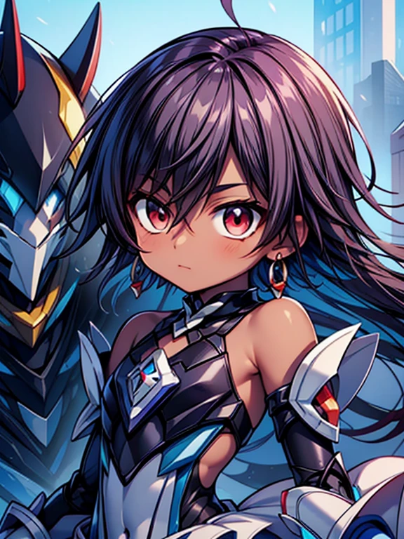 (((dark skin tone))),dark skin male, femboy, dark skin, cute shota,red eyes, blue mecha hairpin, dark brown hair medium hair,wearing a black exoskeleton, detached sleeves, blue mecha Gauntlets, black full bodysuit, honkai impact herrscher of reason,full armour mecha_musame, mecha magical boy, close up