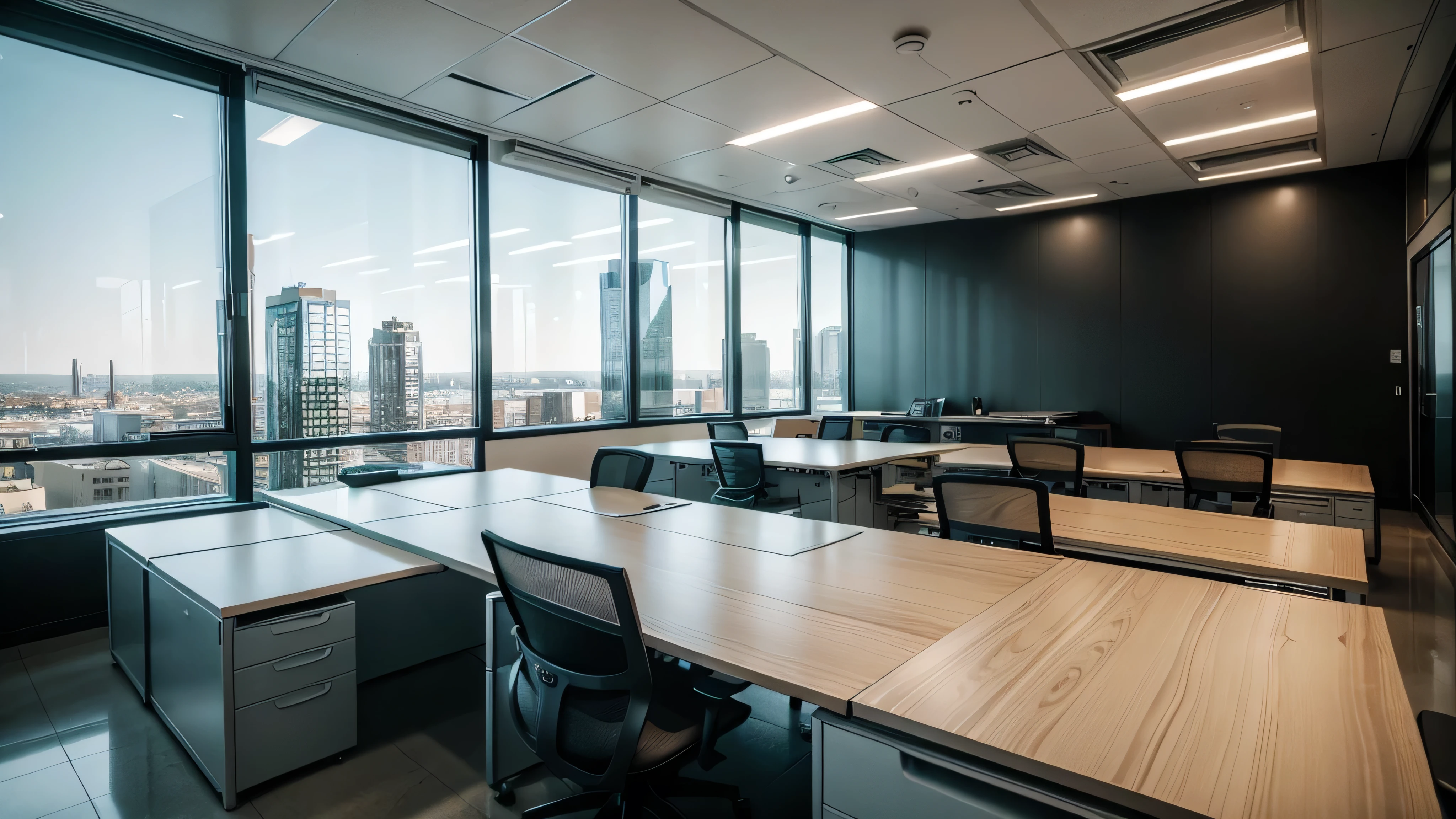Modern office interior with workplace near panoramic window. Mock up wall