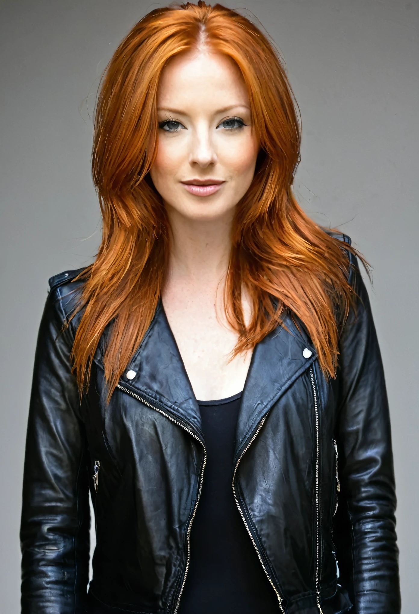 Jennifer Korbin, ginger hair, black leather jacket
