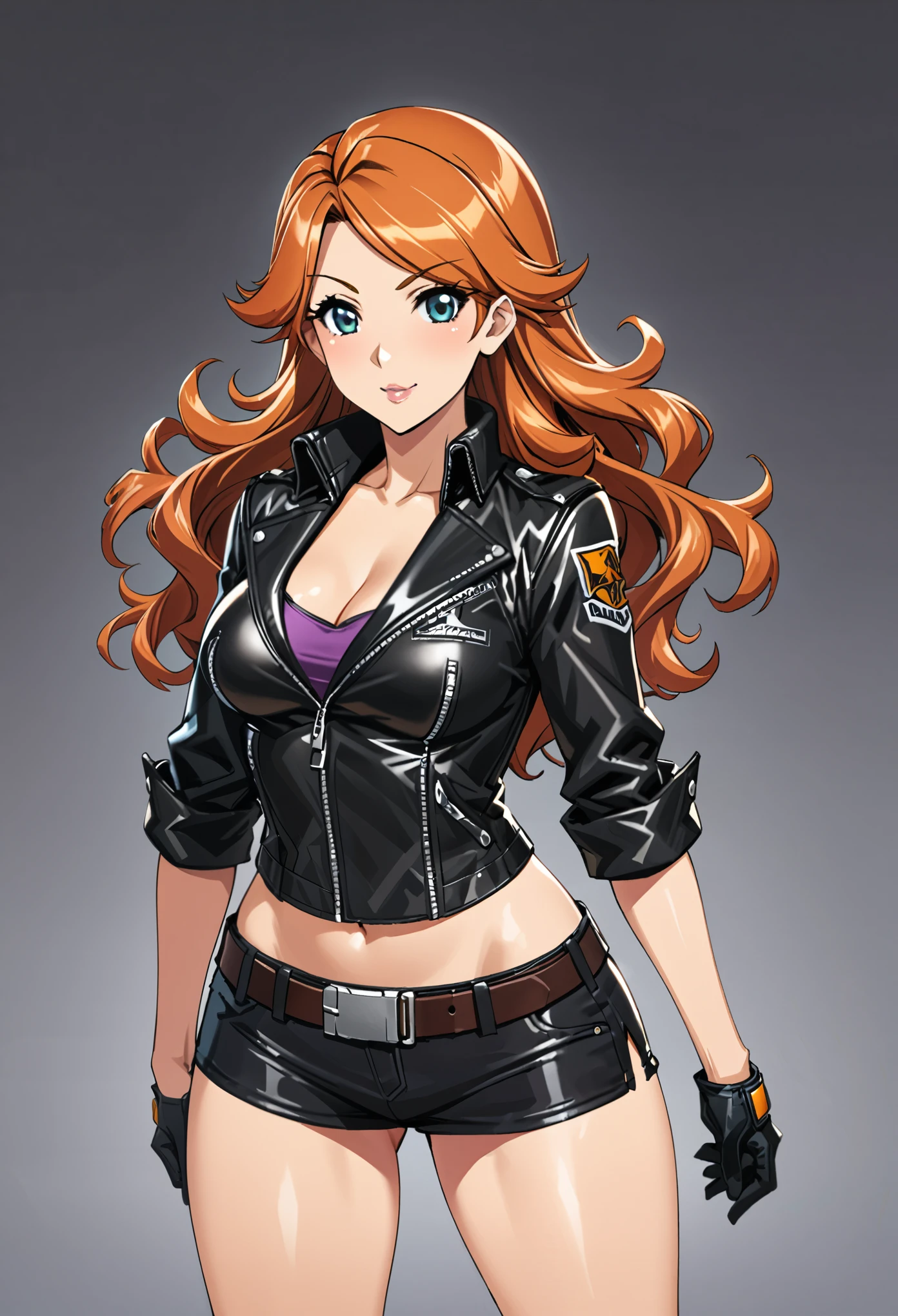 Jennifer Korbin, ginger hair, black leather jacket