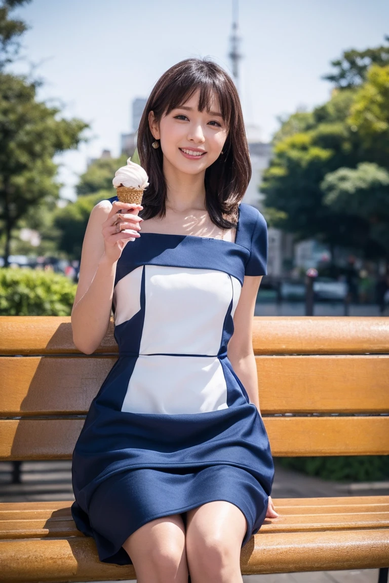 highest quality, flying debris, Realistic, High resolution, 8k RAW Photos,alone, One Girl, 30 years old、Eat soft serve ice cream、smile、(((White Edge、Navy Blue Dress)))、High heels、Hold the soft-serve ice cream in both hands、On a park bench