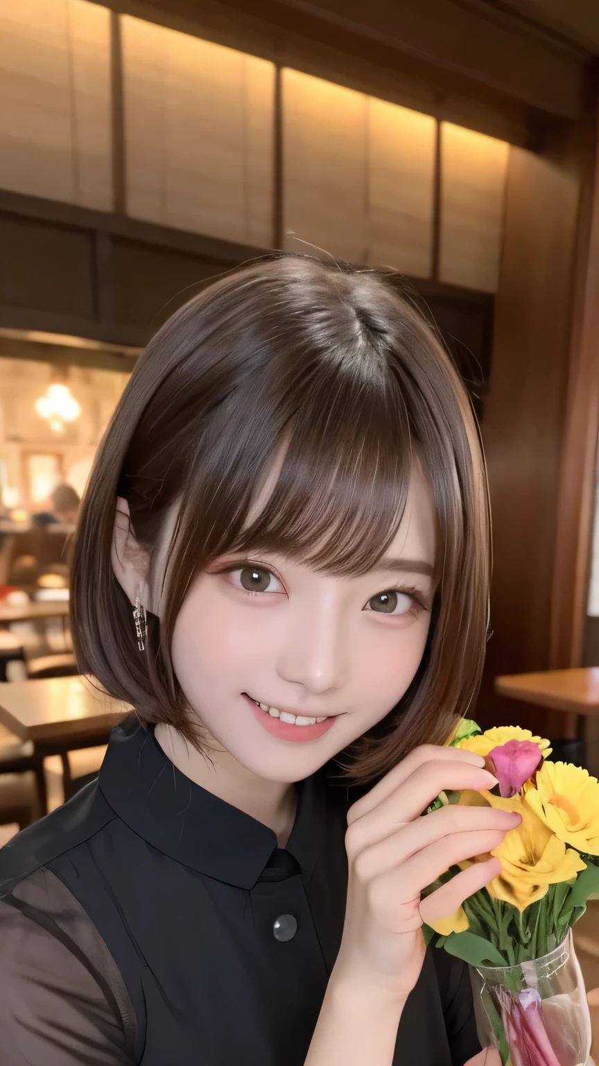 closeup shot , Best picture quality (8K, high resolution, Masterpiece: 1.2), super detailed,  215 Short Hair, 16-year-old woman, 

situation: Presenting a bouquet during a romantic dinner at a restaurant。
clothing: Elegant dress and heels。Hair is loosely curled、A little bit of style。
angle: A frontal shot of the moment the bouquet was handed over across the table。Close-up of face against the backdrop of candlelight and restaurant atmosphere

, random cute pose ,big eyes ,Puffy eyes ,  Heart Pupil, blush  , huge shy smile , salute

