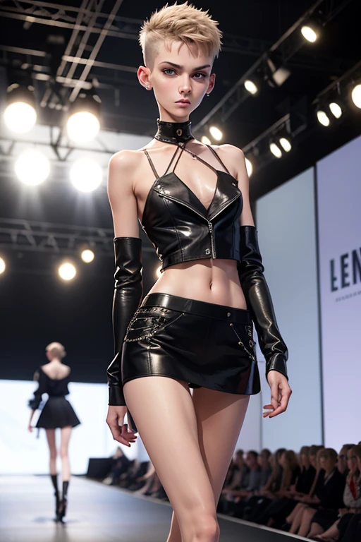 full figure, Jana novak , lanky girl, very thin, blue eyes, short brown punk hair shaved on one side long in other side, high cheekbones, pointed nose, pointed chin, pretty, androgenic face, walking on the catwalk at a fashion show fashionable.
