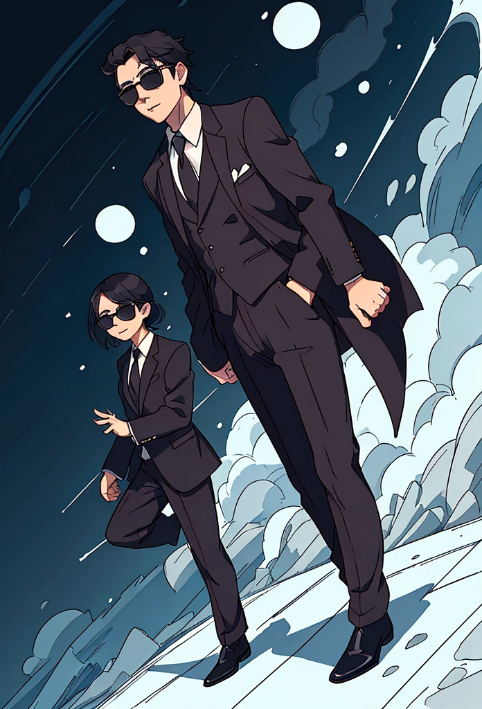 side pose there is a man in a suit and sunglasses standing with his hands on his hips, a character portrait inspired by Iwao Takamoto, pixiv, neo-dada, character side pose full body portrait, official character illustration, side pose full body character portrait,