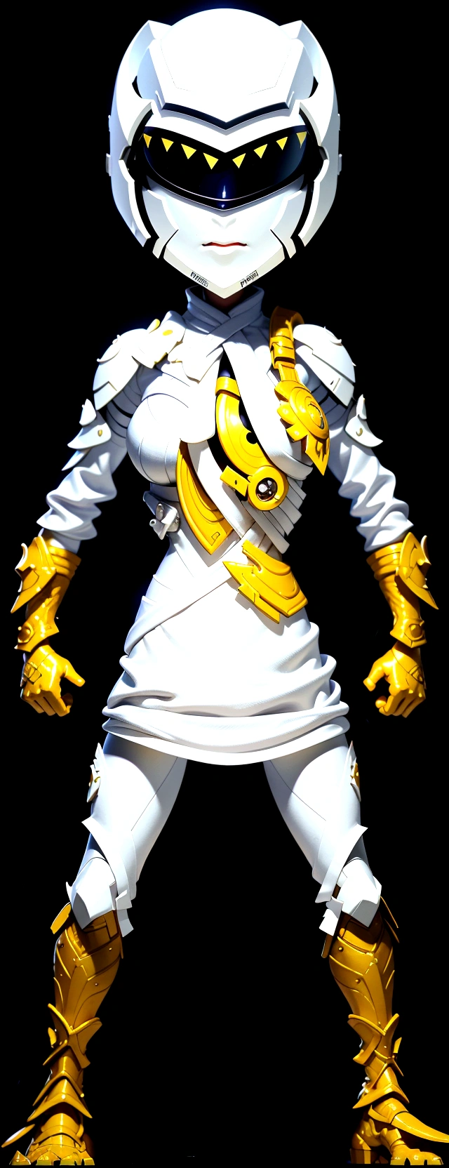 (best quality,4k,8k,highres,masterpiece:1.2),ultra-detailed, female ranger, white suit, tyrannosaurus head for helmet, asymmetrical suit, yellow claw shaped emblem on left side of suit. a close up of a person in a white suit with yellow gloves, heavy white and golden armor, detailed white armor, intricate white and gold armor, intricate white armor, streamlined white armor, full body sprite, skintight silver armor, white plated armor, ornate white and gold armour, entire body, snake-face female guard, clothed in ethereal battle armor, HDR, 8k, absurdres, cinestill 800, sharp focus, add_detail:2, (solo, woman)