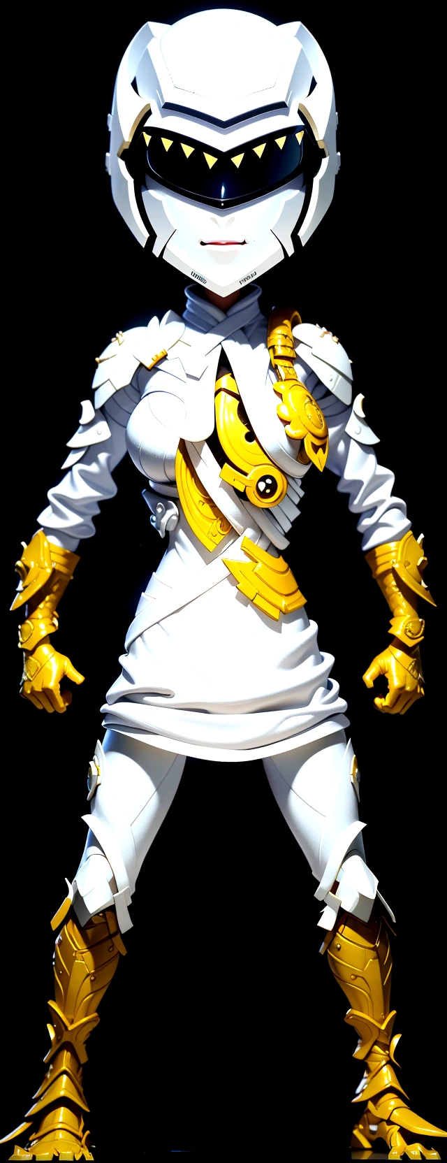 (best quality,4k,8k,highres,masterpiece:1.2),ultra-detailed, female ranger, white suit, tyrannosaurus head for helmet, asymmetrical suit, yellow claw shaped emblem on left side of suit. a close up of a person in a white suit with yellow gloves, heavy white and golden armor, detailed white armor, intricate white and gold armor, intricate white armor, streamlined white armor, full body sprite, skintight silver armor, white plated armor, ornate white and gold armour, entire body, snake-face female guard, clothed in ethereal battle armor, HDR, 8k, absurdres, cinestill 800, sharp focus, add_detail:2, (solo, woman)