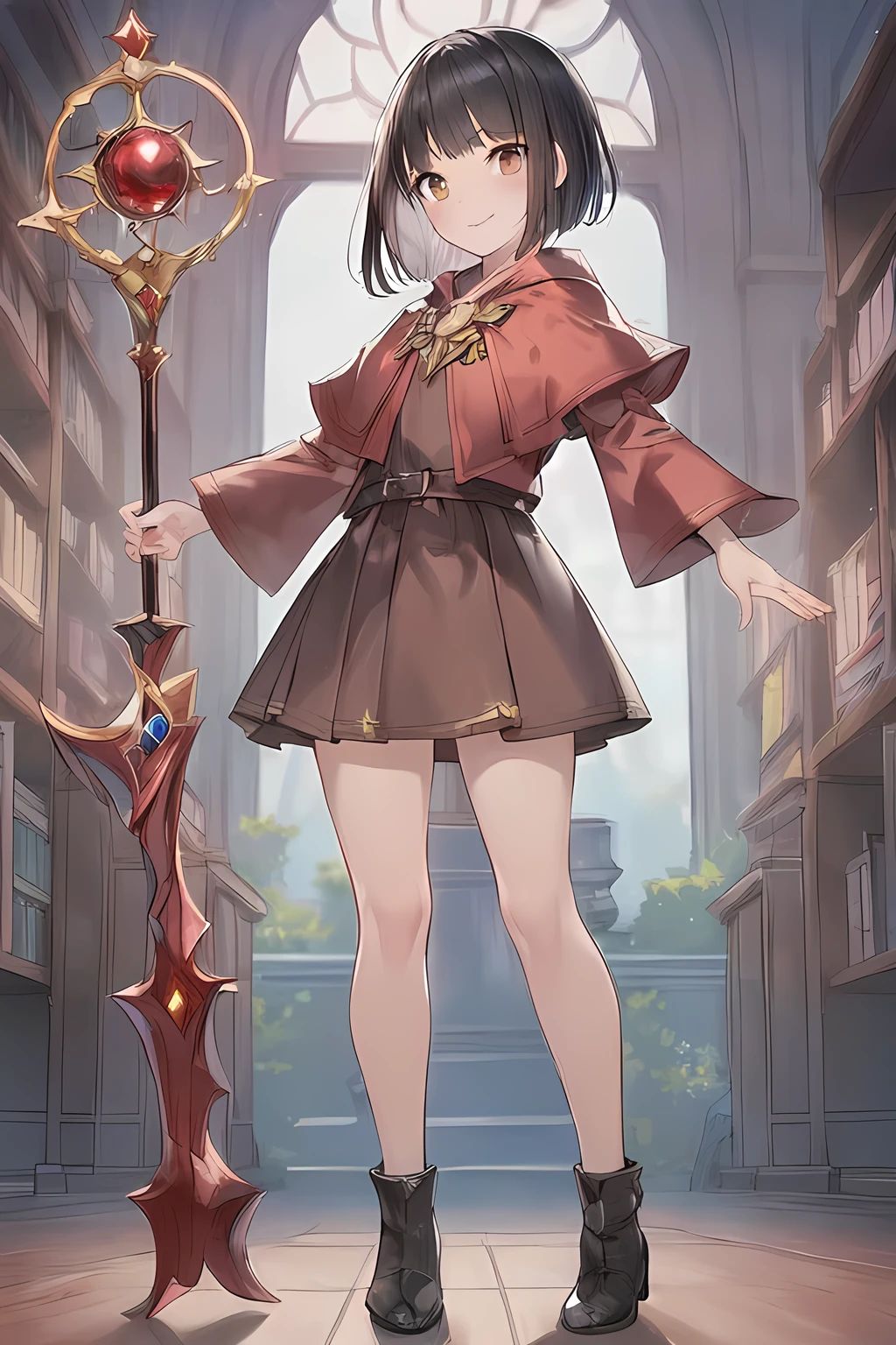 (master piece:1.3, best quality:1.3, ultra detailed:1.3), CG, 8k, illustration, cute face, kawaii,1girl, solo, shiny hair, shiny skin, black short hair, blunt bangs, laugh, BREAK, emerald eyes, BREAK, (Standing Upright), natural hand poses, (face and body straight at the camera:1.3), (full body:1.3), 1.4m talls, short height, (flat chest,) small ass, intelligent face, , BREAK, (red mage clothes:1.2), BREAK. (dark brown skirt:1.2), a 1.3m long admirable mage's staff with red magic stone, (fantasy world:1.4), Inside the Magical Library,