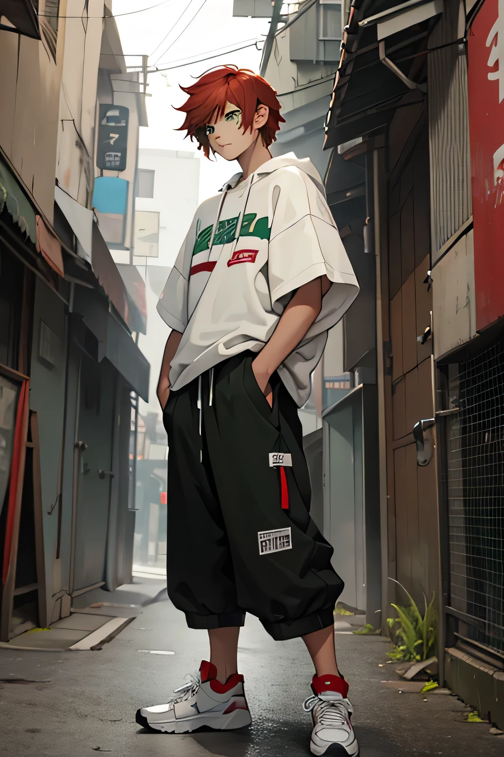 young tomboy, flat, handsome, red short hair, baggy clothes, brutal with a serious look, Full-length, sneakers, tall, green eyes.