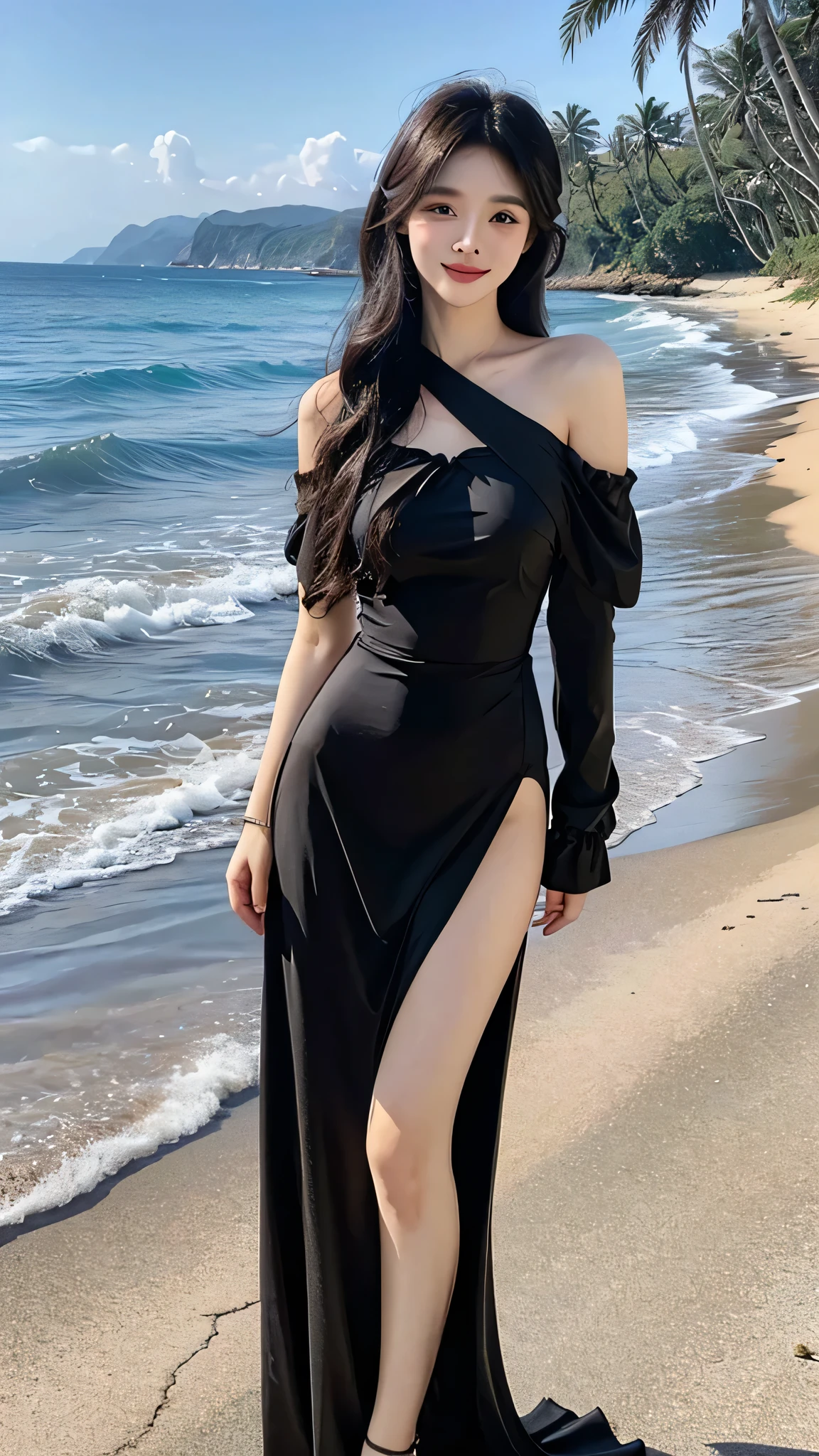 ulzzang-6500-v1.1, (RAW photo: 1.2), (Real photo), (Real photo: 1.4), 1 girl、Perfect anatomy、1、Looking at the camera、Medium length hair、dress, skirt, Dancing by the campfire on the beach at night, with stars, ((by the beach at night: 1.1))、(Business service)、Asian eyes Ella,