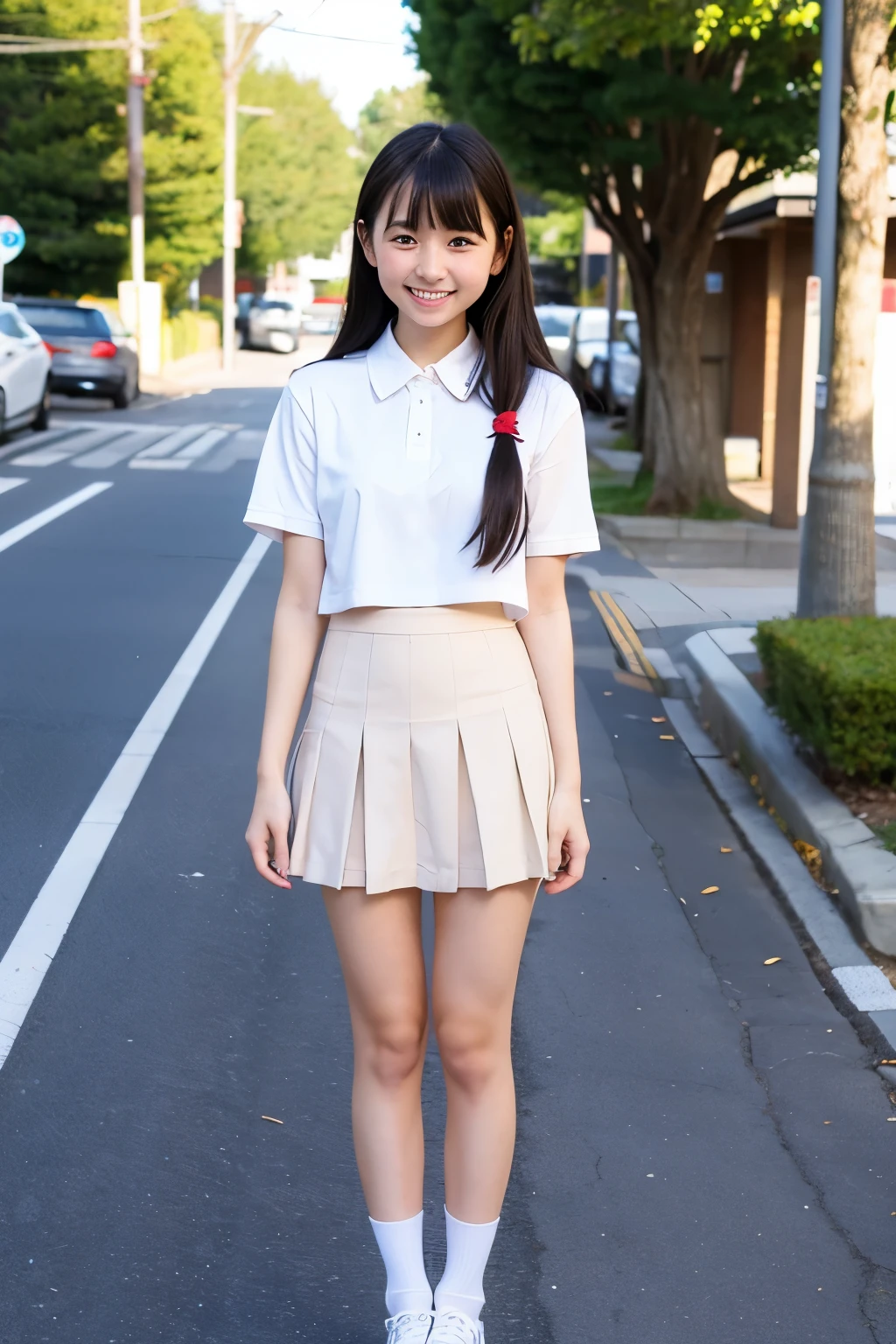 Cute Japanese high school girl standing on an empty street、uniform、mini skirt、White skin、front、Full body portrait、Smiling