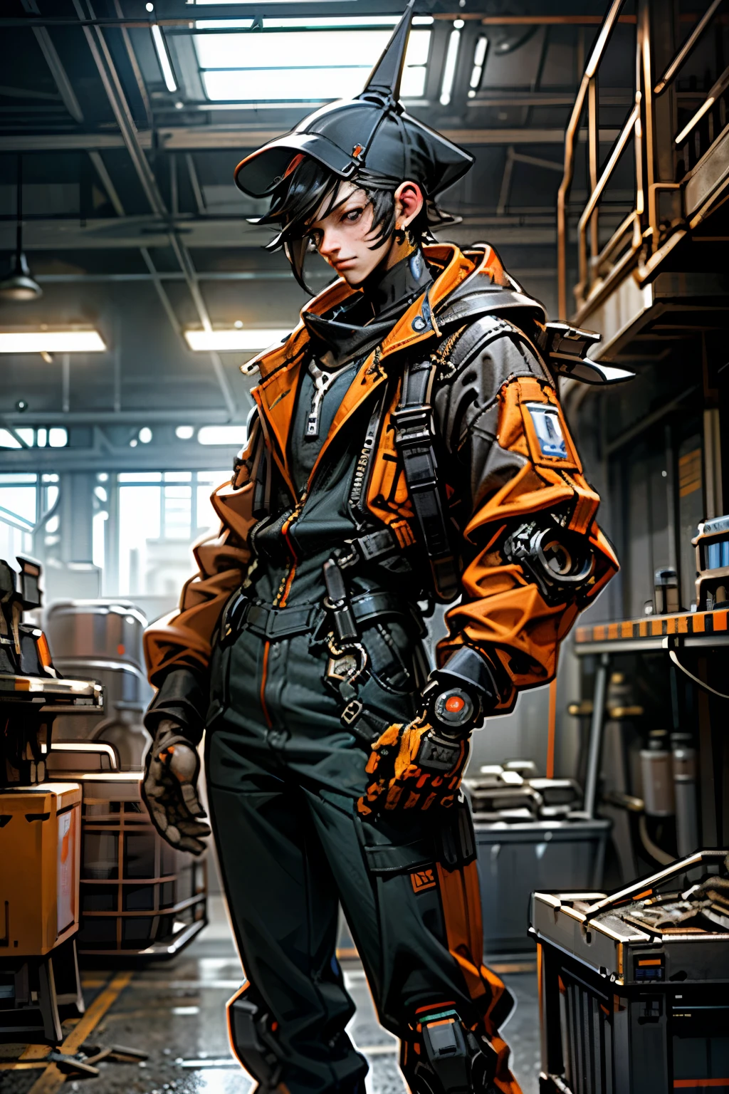 High-Tech Industrial, Worker in Action, (Wrench, Orange Jumpsuit), Lone Engineer, Mechanized Workplace, Robotic Surroundings, Tech-Savvy Laborer,

Cyberpunk, Industrial Renaissance, (Wrench, Orange Jumpsuit), Sole Operator, Machined Environment, Technological Battleground,

Steampunk Evolved, Construction Warrior, (Wrench, Orange Jumpsuit), Lone Defender, Mech-Centric Factory, Tech-Aged Battlesite,

Modern Alchemy, Blue-Collar Mage, (Wrench, Orange Jumpsuit), Singular Technician