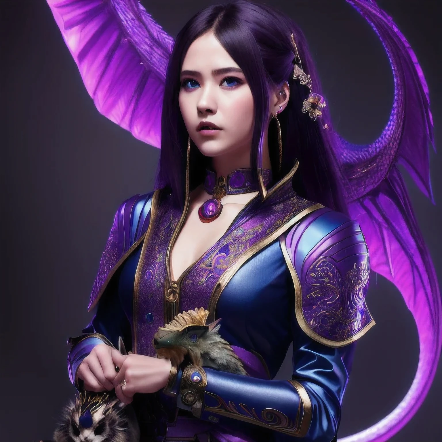 a 18 years old in a purple dress holding a dragon, wlop and ross tran, ross tran 8 k, fantasy art style, chengwei pan on artstation, a beautiful fantasy empress, ross tran and wlop, ruan jia and artgerm, the dragon girl portrait, ig model | artgerm, artgerm and ruan jia，beautiful 1girl bangs blue eyes closed mouth ear piercing earrings grey background hair ornament jewelry lips looking at viewer military military uniform nose piercing portrait realistic short hair simple background solo upper body