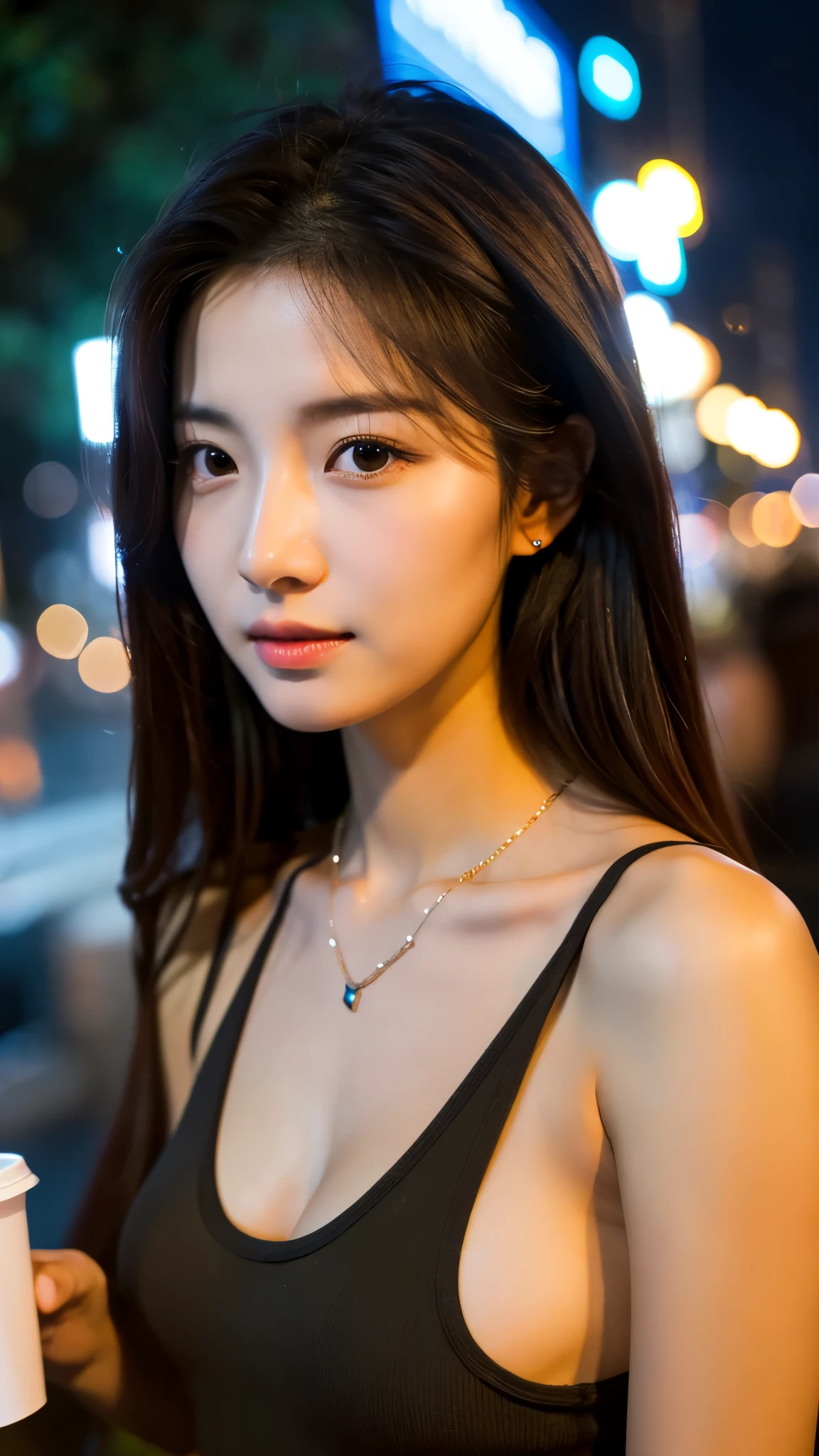 extreme close-up of beautiful korean female, 34 inch breasts size,  wearing tank top, necklace , beside at coffee truck, night, bokeh background, UHD 