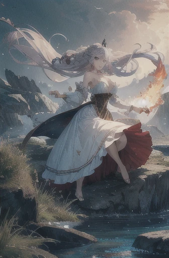 Princess, magical, fantasy, war, blood, floating hair, fire, water, ice, rocks, windy, glowing dress, offensive, attack