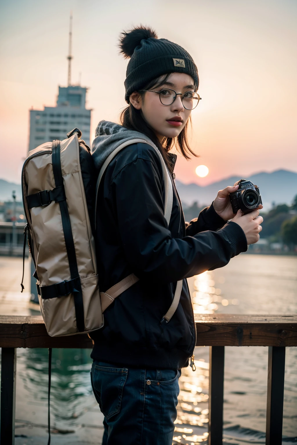 ((best quality)), ((masterpiece)), (detailed), 1 man, traveler outfit, camera, beanie hat, Black horn-rimmed glasses, travel destination background, backpack, Early 30's,