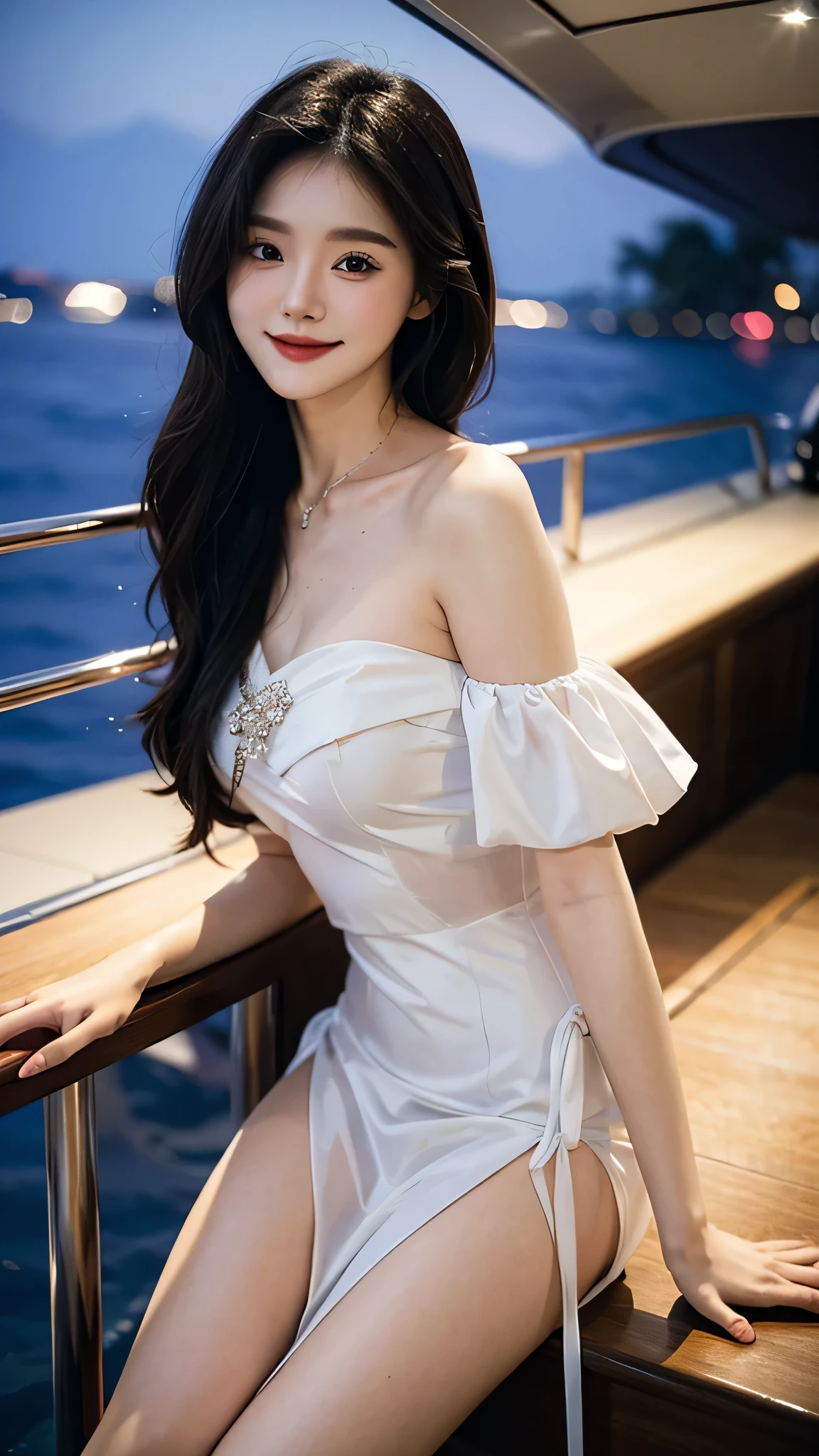 A sweet girl by the yatch，voluminous hair，Delicate face，Photorealsitic，of a real，largeaperture，wears a purple and white dress，A cropped dress，Off-the-shoulder，A dress around the neck，Slim，smiles，Ultra-high resolution, Blurred background