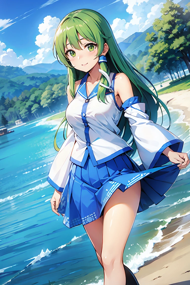 kamehameha,tone,/(kantai_collection/),(((Having fun splashing around in the water at the beach))),in uniform,twintail_hair,closed_one_eye