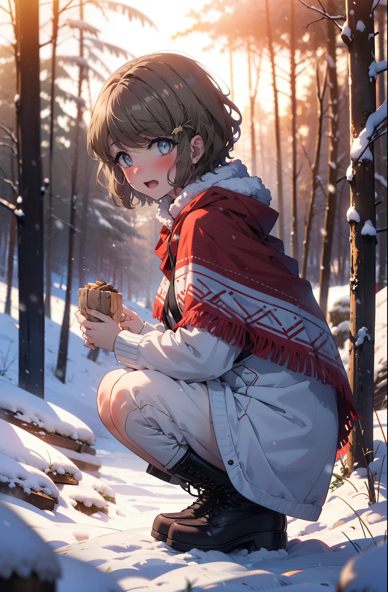 tomoekoga, Chie Koga, short hair, Brown Hair, blue eyes, hair band,smile,blush,White Breath,Center of chest,
Open your mouth,snow,Ground bonfire, Outdoor, boots, snowing, From the side, wood, suitcase, Cape, Blurred, having meal, forest, White handbag, nature, Squat, Mouth closed, Cape, winter, Written boundary depth, Black shoes, red Cape break looking at viewer, Upper Body, whole body, break Outdoor, forest, nature, break (masterpiece:1.2), highest quality, High resolution, unity 8k wallpaper, (shape:0.8), (Beautiful and beautiful eyes:1.6), Highly detailed face, Perfect lighting, Highly detailed CG, (Perfect hands, Perfect Anatomy),