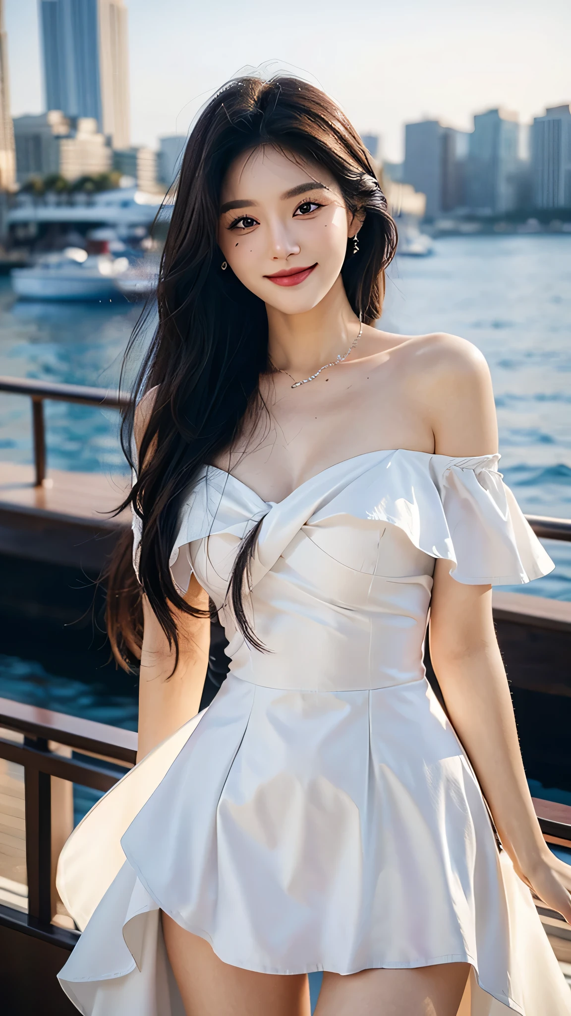 A sweet girl by the yatch,voluminous hair,Delicate face,Photorealsitic,of a real,largeaperture,wears a purple and white dress,A cropped dress,Off-the-shoulder,A dress around the neck,Slim,smiles,Ultra-high resolution, Blurred background