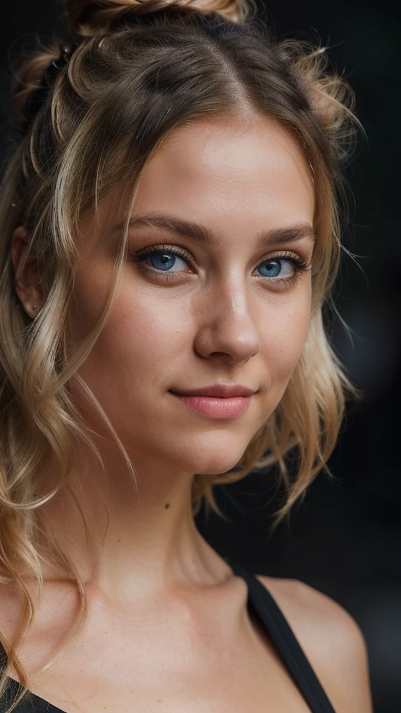 an eye contact of a blond with bun hair and dark theme, Russian, (best quality, ultra high res, raw photo, masterpiece, extremely detailed photograph), (photorealistic:1.4), 1girl, light smile, solo focus, looking at viewer, close up,  black hair, blue eyes, wavy hair