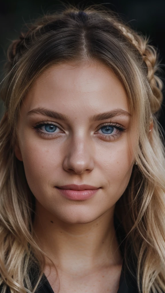 an eye contact of a blond with bun hair and dark theme, Russian, (best quality, ultra high res, raw photo, masterpiece, extremely detailed photograph), (photorealistic:1.4), 1girl, light smile, solo focus, looking at viewer, close up, black hair, blue eyes, wavy hair