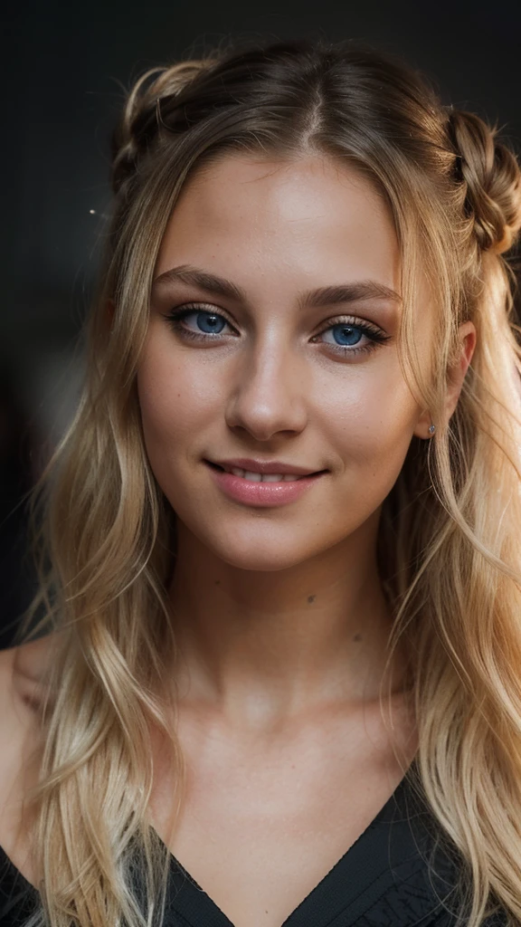 an eye contact of a blond with bun hair and dark theme, Russian, (best quality, ultra high res, raw photo, masterpiece, extremely detailed photograph), (photorealistic:1.4), 1girl, light smile, solo focus, looking at viewer, close up, black hair, blue eyes, wavy hair