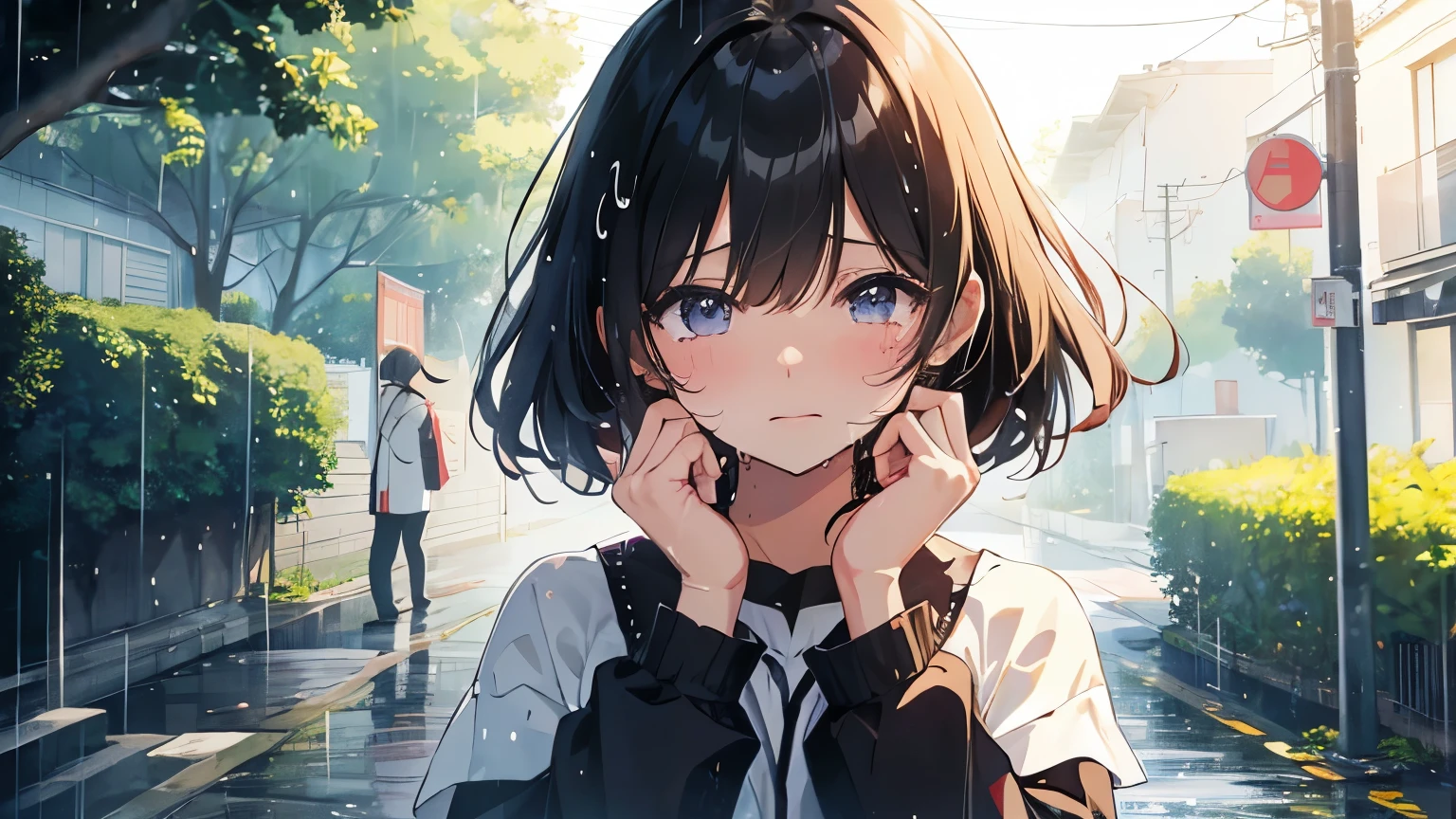 whole body、rain、Crying face、傘をささずrainに濡れている、Shortcuts、Anime Style、Drawing