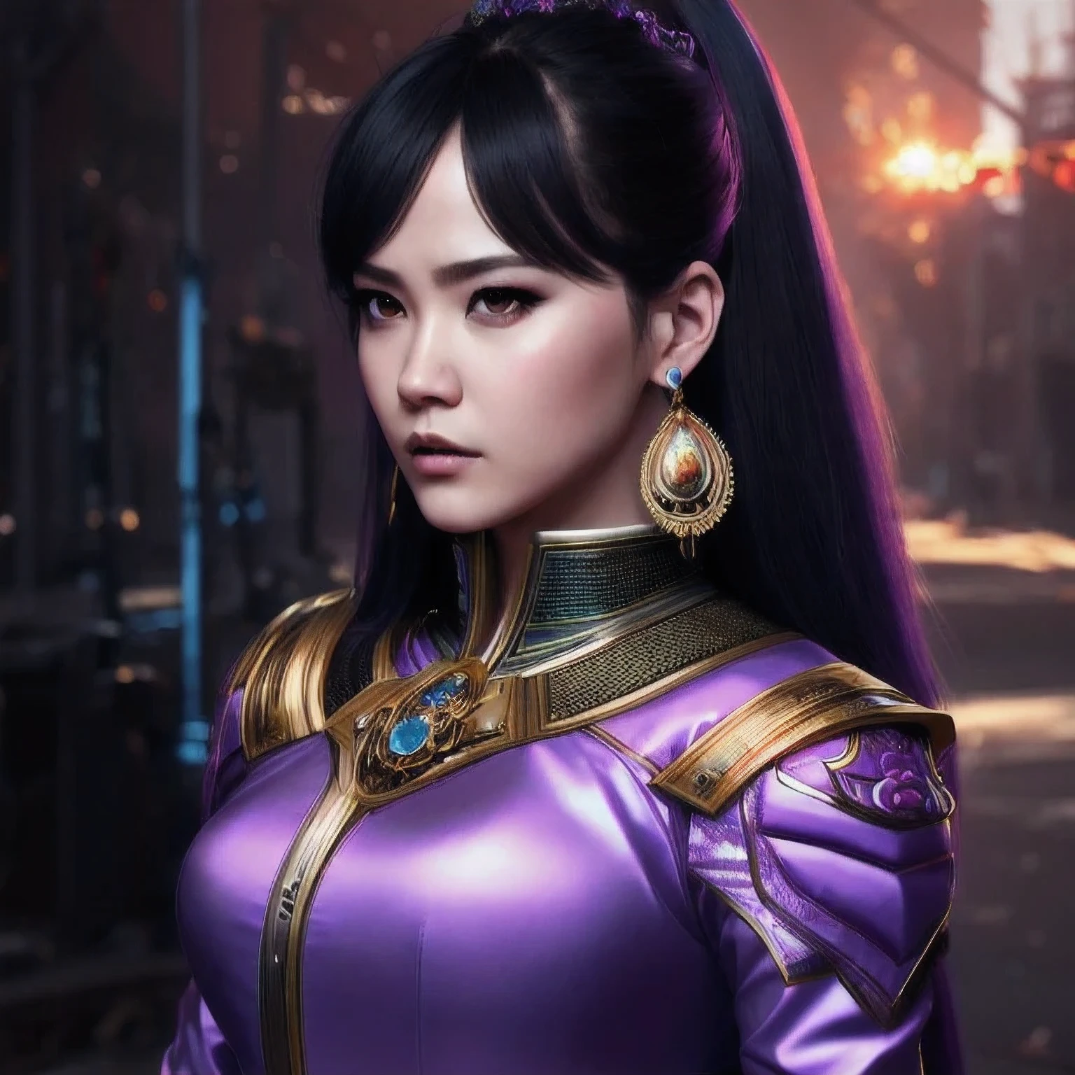 (((Disgusted look)))there is a 18 years old in a purple dress holding a dragon, wlop and ross tran, ross tran 8 k, fantasy art style, chengwei pan on artstation, a beautiful fantasy empress, ross tran and wlop, ruan jia and artgerm, the dragon girl portrait, ig model | artgerm, artgerm and ruan jia，beautiful 1girl bangs blue eyes closed mouth ear piercing earrings grey background hair ornament jewelry lips looking at viewer military military uniform nose piercing portrait realistic short hair simple background solo upper body