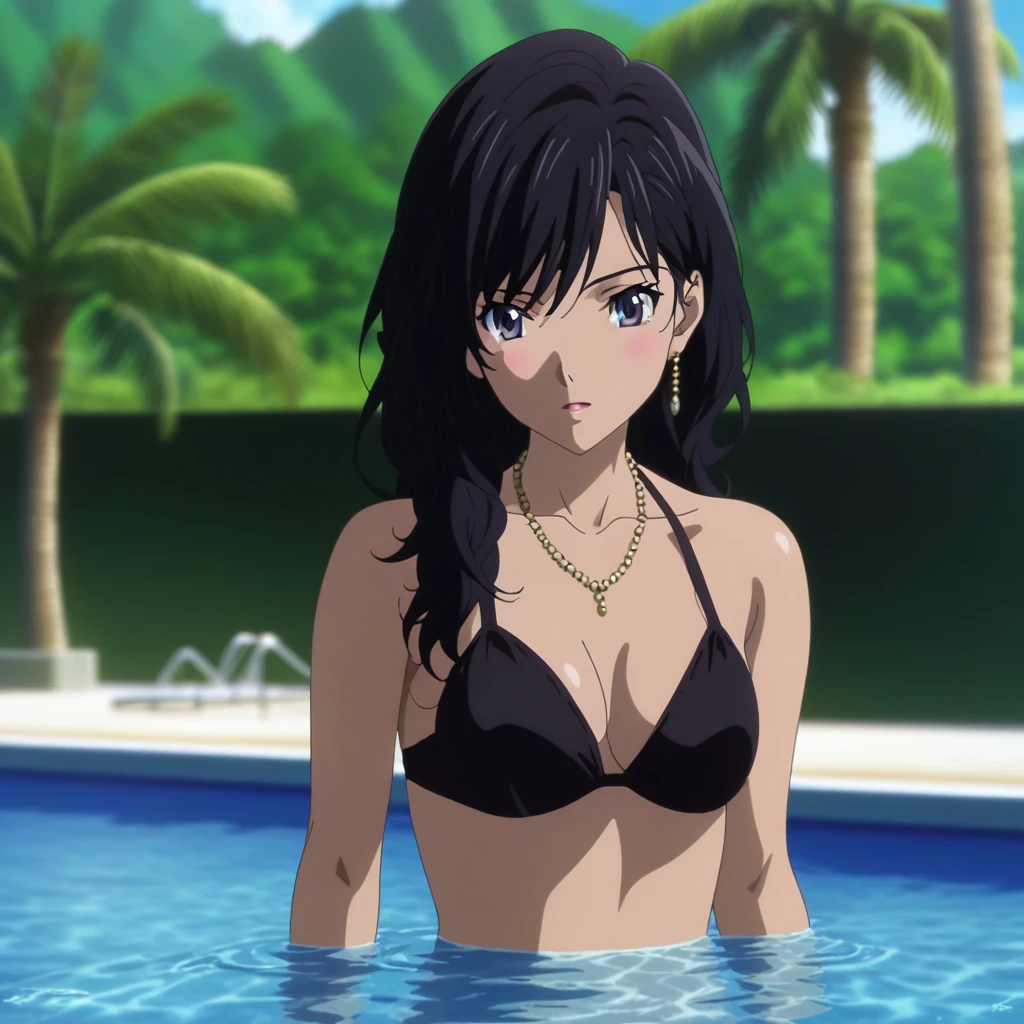 A beautiful and elegant female with long black hair, wearing a stylish bikini, lounging beside a luxurious swimming pool with crystal clear water and palm trees, in the style of Tsukasa Hojo's anime art, highly detailed, anime art,