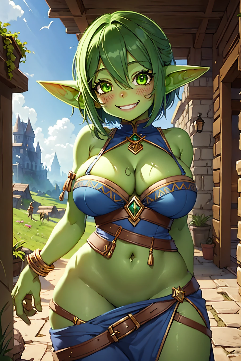 goblin green skin Super Extra large breasts petite adventurer outfit village full-body shot looking at the camera smiling illustration, ultra-detailed, HDR, vibrant colors, soft lighting