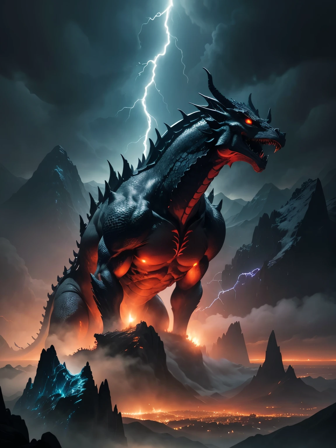 A colossal, towering dragon, its dark scales glistening with a mysterious haze, dominates the foreground. Resolution at an astounding 8K, the image is rendered in both PNG and TIFF formats. The dragon's body emits a faint brightness, intermittently illuminated by fiery, reddish gleams that dance among its scales.
Obscure, ominous mountains form a menacing backdrop, their peaks shrouded in perpetual gloom, while the stormy sky above crackles with electricity, as lightning flashes ominously in the distance. A dense fog envelops the scene, adding a mystical air, while