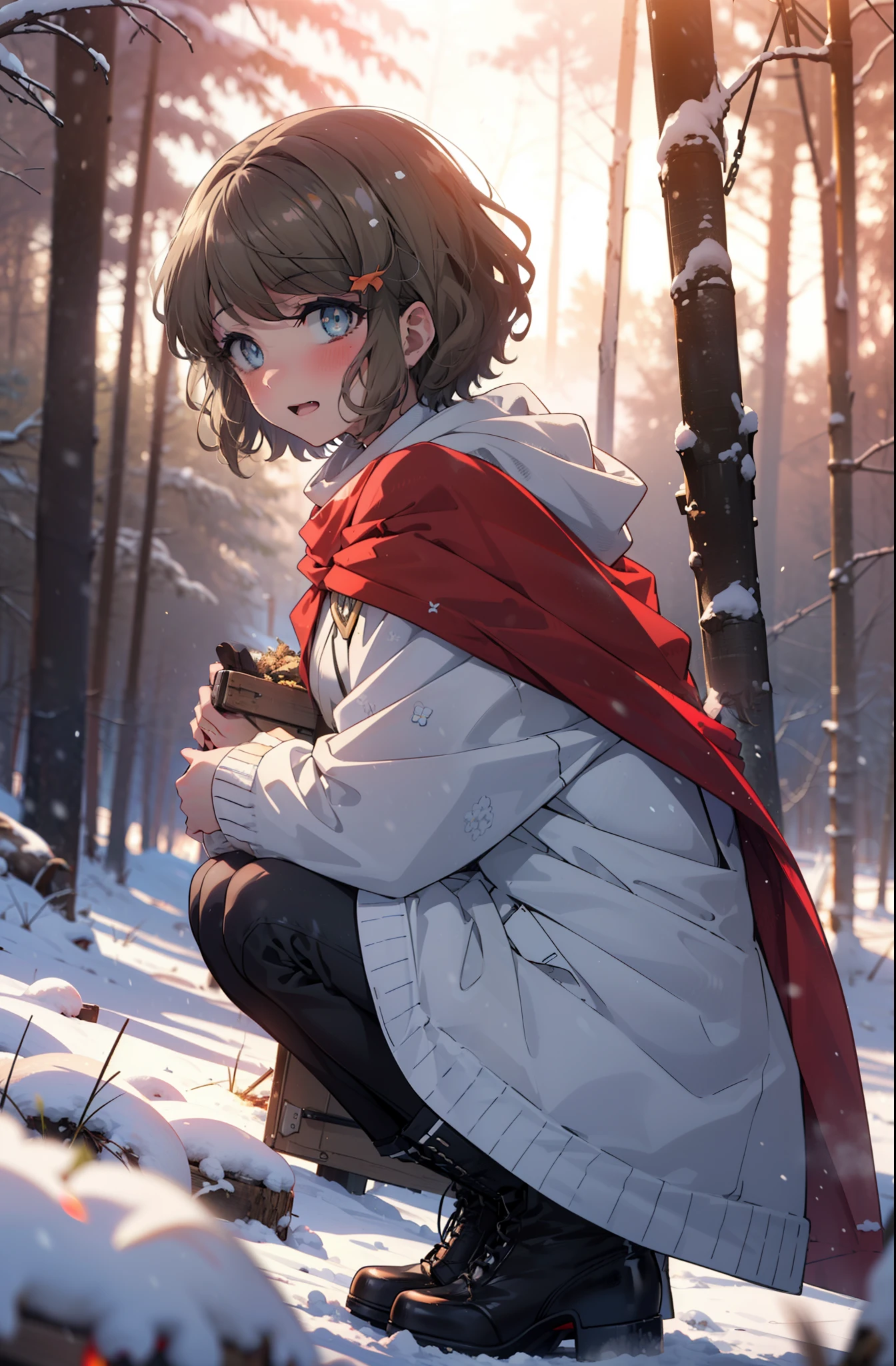 tomoekoga, Chie Koga, short hair, Brown Hair, blue eyes, hair band,smile,blush,White Breath,Center of chest,
Open your mouth,snow,Ground bonfire, Outdoor, boots, snowing, From the side, wood, suitcase, Cape, Blurred, having meal, forest, White handbag, nature, Squat, Mouth closed, Cape, winter, Written boundary depth, Black shoes, red Cape break looking at viewer, Upper Body, whole body, break Outdoor, forest, nature, break (masterpiece:1.2), highest quality, High resolution, unity 8k wallpaper, (shape:0.8), (Beautiful and beautiful eyes:1.6), Highly detailed face, Perfect lighting, Highly detailed CG, (Perfect hands, Perfect Anatomy),