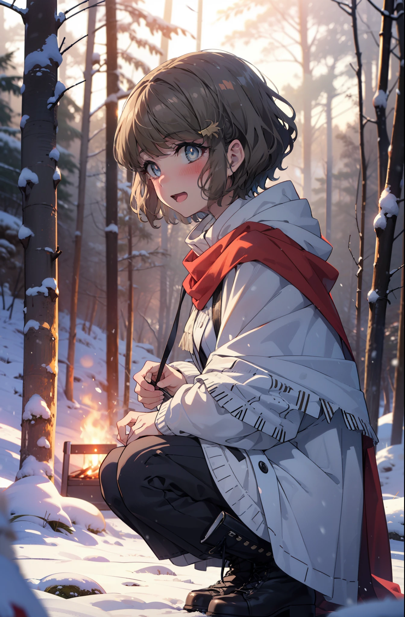 tomoekoga, Chie Koga, short hair, Brown Hair, blue eyes, hair band,smile,blush,White Breath,Center of chest,
Open your mouth,snow,Ground bonfire, Outdoor, boots, snowing, From the side, wood, suitcase, Cape, Blurred, having meal, forest, White handbag, nature,  Squat, Mouth closed, Cape, winter, Written boundary depth, Black shoes, red Cape break looking at viewer, Upper Body, whole body, break Outdoor, forest, nature, break (masterpiece:1.2), highest quality, High resolution, unity 8k wallpaper, (shape:0.8), (Beautiful and beautiful eyes:1.6), Highly detailed face, Perfect lighting, Highly detailed CG, (Perfect hands, Perfect Anatomy),