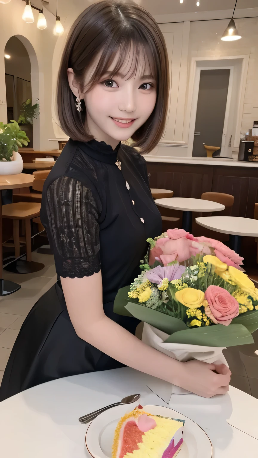 closeup shot , Best picture quality (8K, high resolution, Masterpiece: 1.2), super detailed,  215 Short Hair, -yeld wo, 

situation: A scene of presenting a bouquet of flowers along with a birthday cake at a stylish cafe。
clothing: Trendy blouse and skirt、On her feet, she wears ballerina shoes.。Hair tied up loosely、Stylish。
angle: Frontal shot of the moment when a bouquet and cake are presented at a cafe table。
Close-up of face 

, random cute pose ,big eyes ,Puffy eyes ,  Heart Pupil, blush  , huge shy smile , salute

