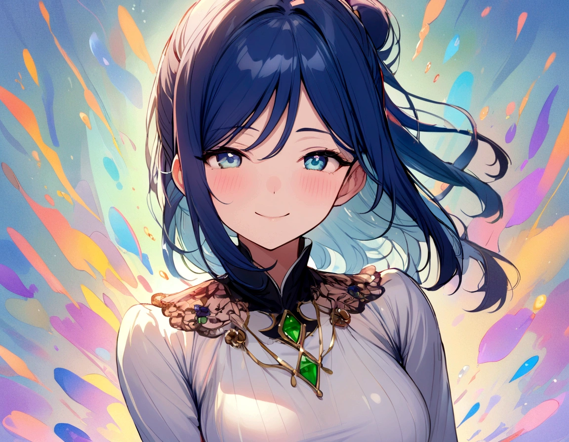 (anime artwork, anime style, studio anime, very detailed, up to date, vibrant, Anime Coloring, high contrast, masterpiece:1.2, best quality, best aesthetics), (1 girl), Color connections, colored, Vibrant color scheme, colorful, spot color, NSFW, (portrait, face focus), sensual, in the deep forest, dance, (big breasts 1.2), crooked, (bewitching woman), (grin and laugh:1.2), Elves and Wind Spirits, spirit of the wind, spirit feather, falling petals.