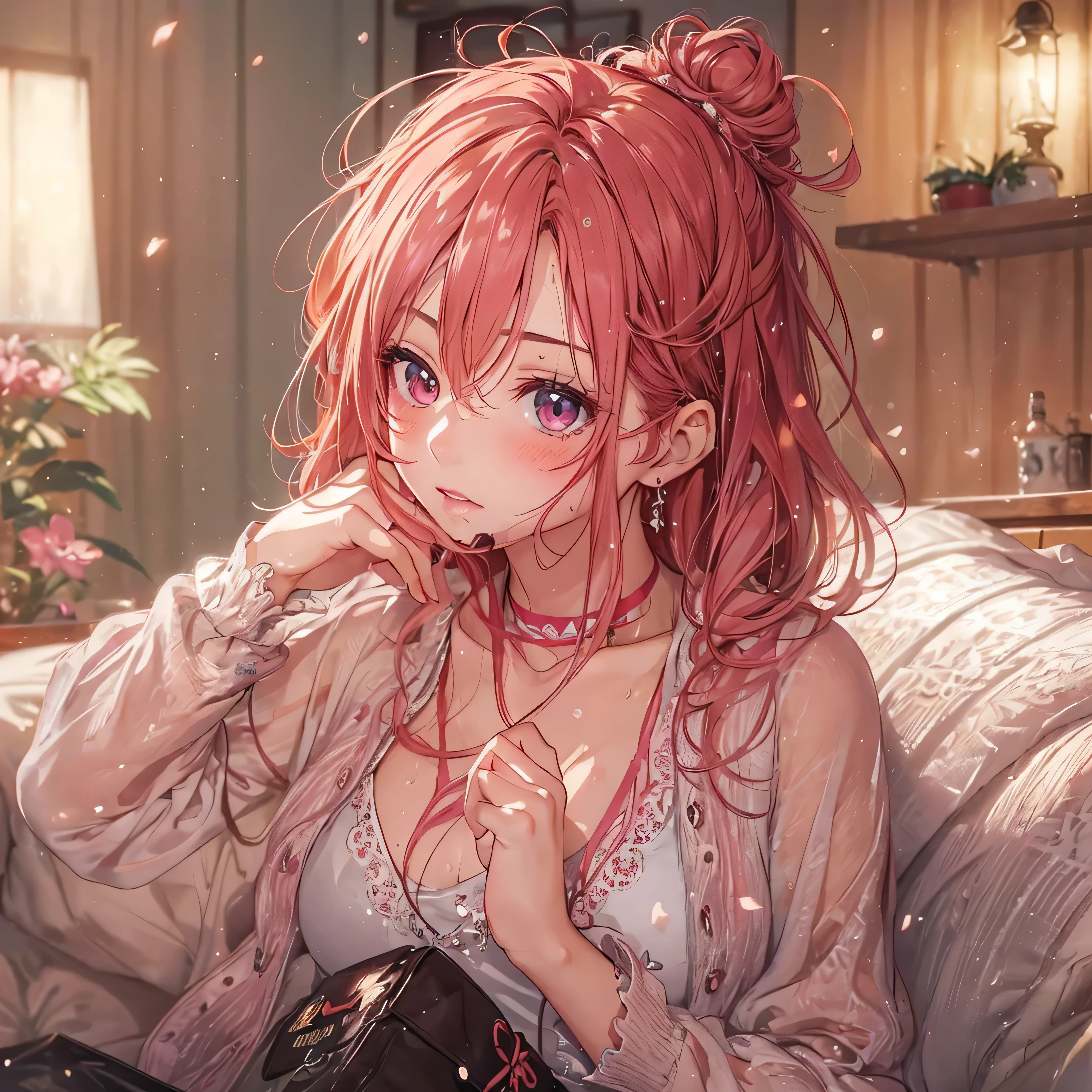 Beautiful young woman, Anime Style, Detailed face, Redhead, Wet Hair, Big eyes, Pink Eyes, Delicate features, Soft lighting, blush, Wearing a choker, Wearing casual clothes, one piece, sexy, Cleavage, barefoot, Relax on the living room sofa, Cozy home interior, Soft lighting, evening, Relaxed posture, Detailed Background, Just took a shower, Wet Hair, figure, Anime Art, Hand-drawn style, high quality, Very detailed, 8K resolution, Cinema Lighting, 最high quality, Vibrant colors