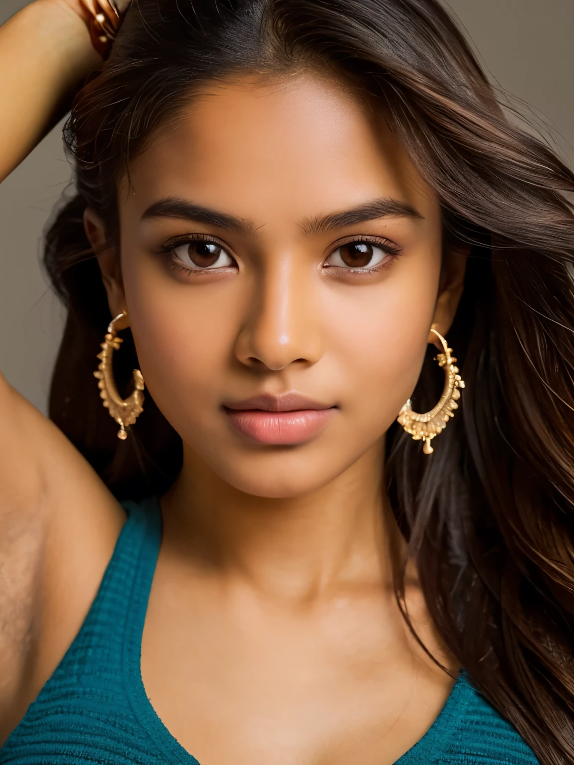 Highly detailed textured skin, Meticulously detailed face, intricate details of the eyes, Eye symmetry, Facial Symmetry, Underarm, Long Curly Hair, (Perfect Five Fingers), Hands outstretched in the air, Beautifully detailed abs, Round deep navel, 36th, ,A thin camisole directly on the naked body、 Highly detailed thighs, Thin legs, Sneakers, Carefully detailed facial features, Glossy lips, Glowing Skin, Extremely realistic detailed portrait of a 20 year old Tamil girl, Rich and vibrant colors, HDR, Budget lighting, High budget movie scene、whole body